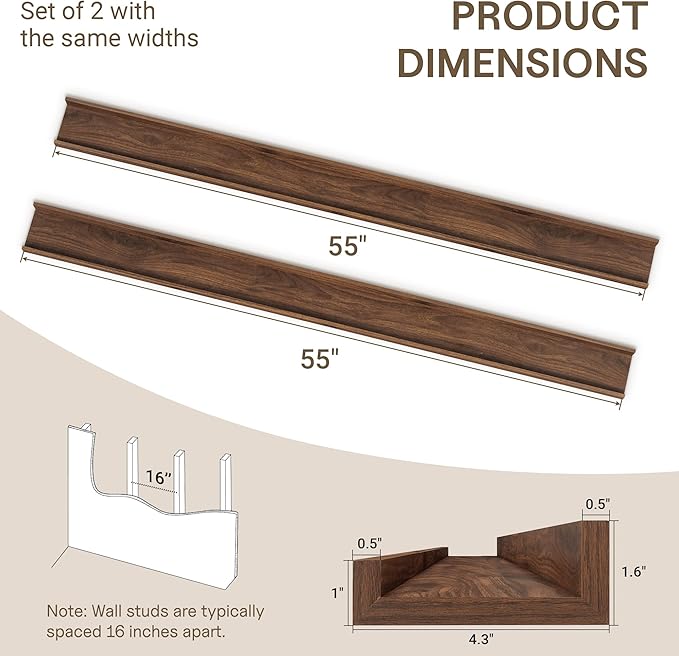 Fun Memories Picture Ledge Shelves Set of 2-55 Inch Shelves with Lip - Large Nursery Bookshelf for Storage - Floating Shelf Wall Mounted for Living Room - Bedroom -Kitchen - Walnut Color