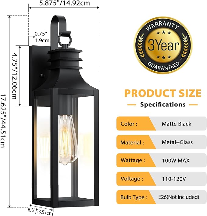 18" Outdoor Wall Lights 2-Pack, Black Modern Exterior Sconces with Clear Glass, Waterproof Aluminum Porch Lighting Fixtures, E26 Medium Base Lantern for House Garage Patio Front Decor