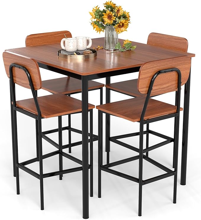GOFLAME 5-Piece Dining Table Set for Small Space, Kitchen Table and Chairs Set for 4 with Steel Frame, Square Breakfast Table Set, Industrial Counter Height Table Set for Home Restaurant, Walnut