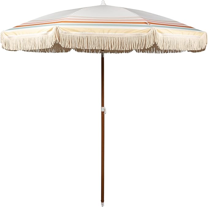 BEACH STATE Summerland 6.5 Feet Beach Umbrella with Fringe - Patio Umbrella - Outdoor Umbrella - UV50+ Sun Protection