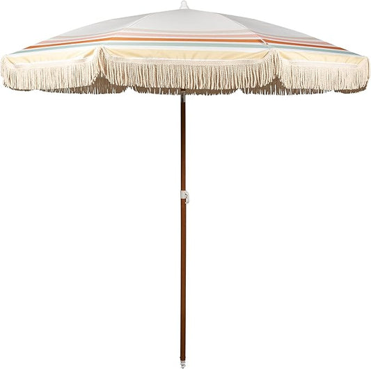 BEACH STATE Summerland 6.5 Feet Beach Umbrella with Fringe - Patio Umbrella - Outdoor Umbrella - UV50+ Sun Protection