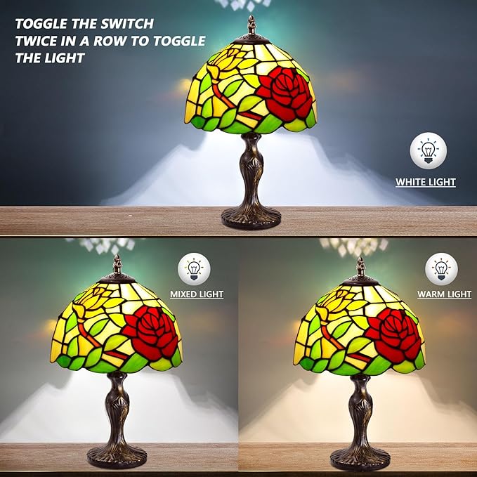 MIAOKE Stained Glass Table Lamp,Stained Glass Crystal Bead Style Table Light,Handmade Desk Bedside Night Light,Antique Art Craft Gifts Lover Living Room Bedroom Bookcase (A Rose)