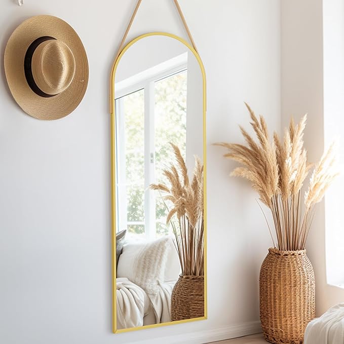 16"x48" Hanging Mirror with Leather Strap,Arched Full Length Mirror with Aluminum Frame Wall-Mounted Hanging Mirrors for Bathroom Vanity Living Room Bedroom Entryway Décor, Gold