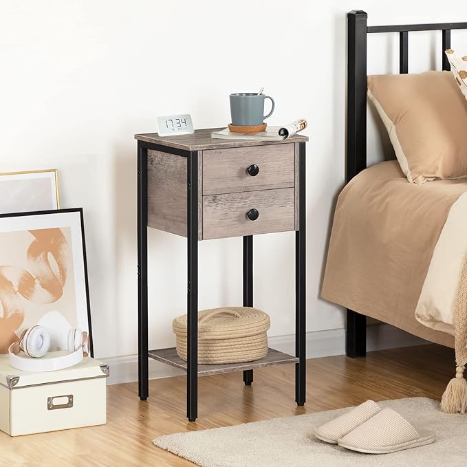 HOOBRO Tall Nightstand, End Table with 2 Drawers and Storage Shelf, Industrial Telephone Side Table for Study, Bedroom, Space Saving, Easy Assembly, Greige and Black BG72BZ01