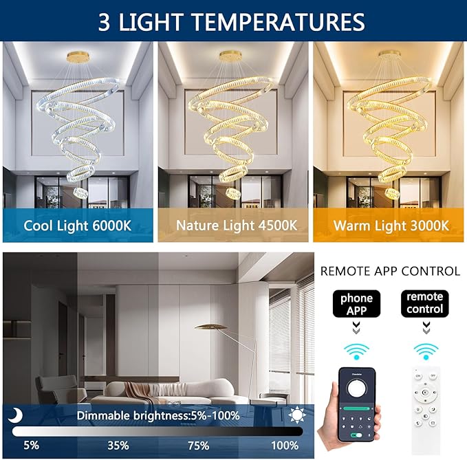 Large Ring Chandelier Modern Crystal Chandeliers for High Ceiling Round LED Dimmable Ceiling Light Fixture for Foyer Long Stair Gold 8''+16''+24''+32''+40''+47''