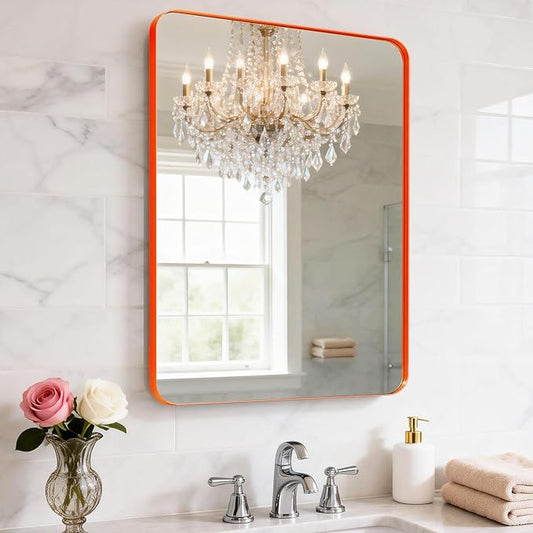 18x24inch Orange Bathroom Mirror Wall Mounted, Matte Aluminum Alloy Frame with Rounded Corners, Shatterproof Tempered Glass, Anti-Rust HD Vanity Mirror for Bathroom, Bedroom, Entryway