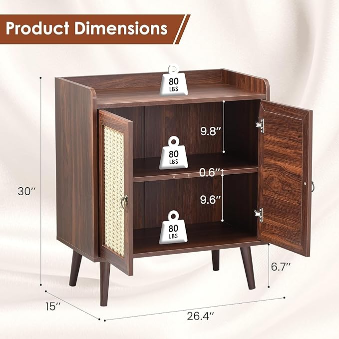 Sideboard Buffet Cabinet with Storage, Rustic Bar Liquor Cabinet with Boho Rattan Decorated Doors, Retro Credenza Console Table for Dining Room Living Room Hallway EntryWay, Walnut