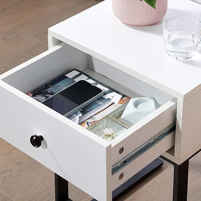 VECELO Modern Nightstand Set of 2 with Drawer End, Side Table for Bedroom, Living Room, Small Space, Night Stand with Open Shelf, Stable Metal Frame, White