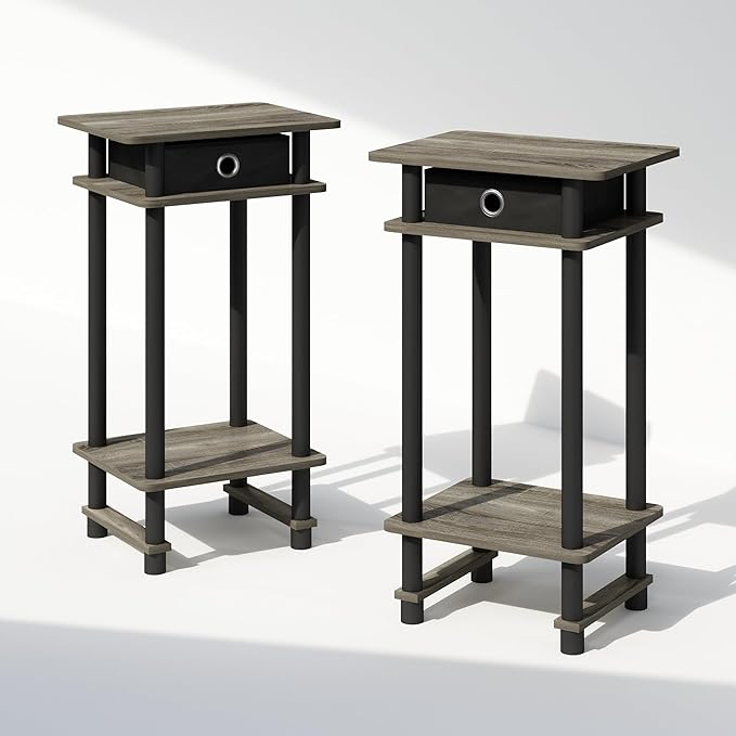 Furinno Turn-N-Tube Tall Nightstand with Bin, 2-Pack, Plastic Poles, French Oak/Black/Black