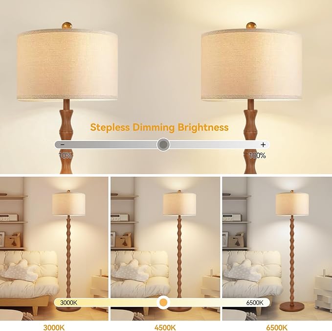 Wood Floor Lamp with 3 Color Temperatures,Boho Floor Lamp with Remote Control,Dimmable LED Floor Lamp Mid Century Modern Standing Lamp Farmhouse Tall Pole Lamp for Living Room Bedroom