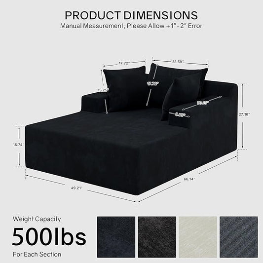 66" Chaise Lounge Chair Indoor, Oversized Boneless Lounge Chair with 3 Pillows, Chenille Cloud Reading Chair for Living Room Bedroom, Deep Seat Sleeper Couch, No Assembly Required