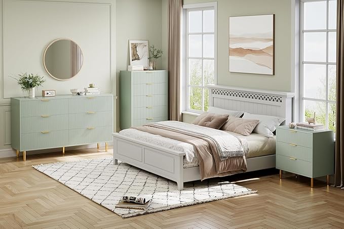 IDEALHOUSE Green Dresser, Modern 3 Drawer Dresser for Bedroom with Gold Handle and Large Drawer, Wood Double Chest of Drawers and Storage Organizer for Living Room, Hallway, Entryway