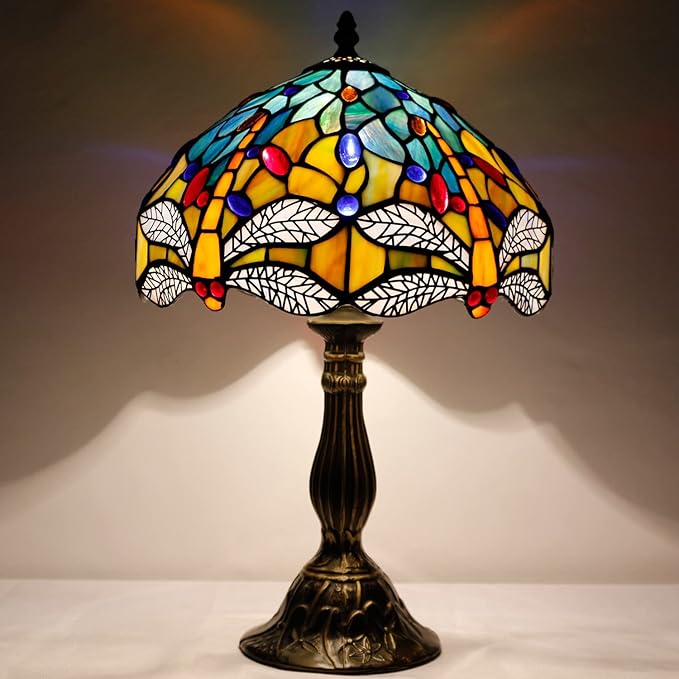 WERFACTORY Tiffany Lamp Sea Blue Yellow Stained Glass Dragonfly Style Table Lamp Nautical Reading Desk Bedside Light 12X12X18 Inches Decor Bedroom Living Room Home Office S128 Series