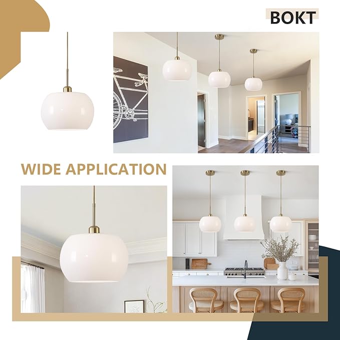 BOKT 1-Light Gold Dome Pendant Light Mid Century Modern White Globe Pendant Lighting Kitchen Island Brass Dining Hanging Ceiling Lamp Single Large Glass Ball Pendant Lamp