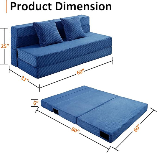 JKMAX Queen Size Folding Sofa Bed - 4 in 1 Convertible Sleeper Chair with Two Pillows - High Density Memory Foam Futon Couch - Foldable Bed for Living Room Bedroom (Blue)
