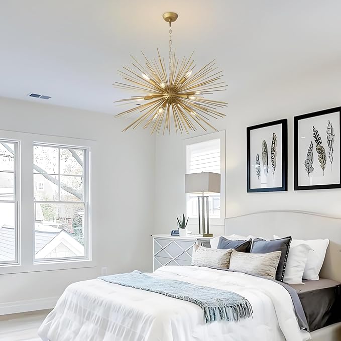 Modern 33.8in Gold Sputnik Chandeliers 12-Light Mid-Century Starburst Chandelier Light Fixture Solid Metal Satellite Large Chandelier for High Ceiling Dining Room Living Room Foyer E12