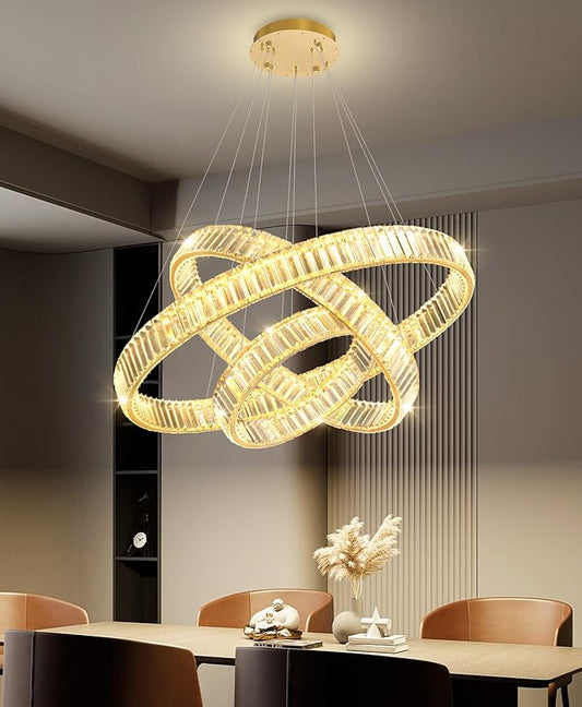 16‘’+24‘’+32'' Modern Ring Chandelier Crystal Chandeliers for Dining Room Round LED Dimmable Ceiling Light Fixture for Living Room Bedroom Lighting Gold