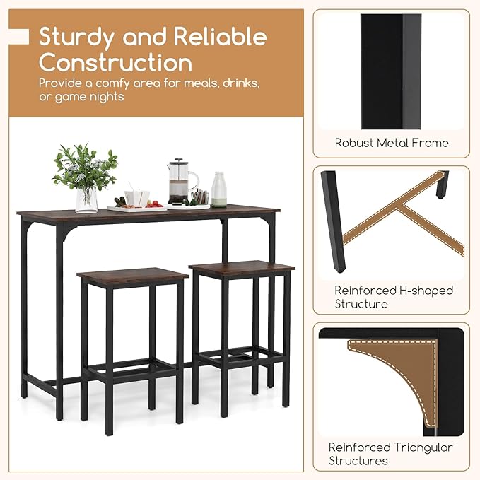 COSTWAY 3-Piece Dining Table Set, 47.5" Industrial Counter-Height Kitchen Table and 2 Bar Stools, High Top Rectangular Pub Table and Chairs for Dining Room Small Place Breakfast Nook Bistro (Coffee)