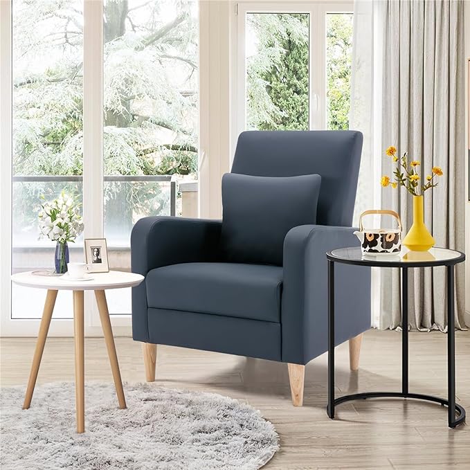 COLAMY Modern Upholstered Accent Chair Armchair with Pillow, PU Leather Reading Living Room Side Chair,Single Sofa with Wood Legs, L-Blue