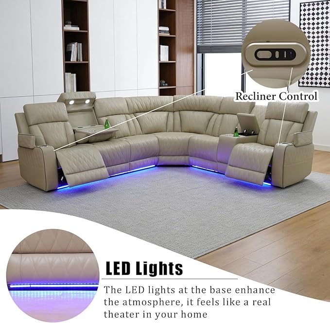 Power Recliner Sectional Sofa Set, Beige Leather Sectional Couch and 3 Seater Sofa for Living Room, L Shape Reclining Sofa with Cup Holder, Hidden Storage, Drop-Down Table for House(9 Seat)