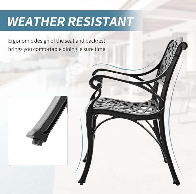 2 Piece Outdoor Cast Aluminum Dinning Chairs, Patio Bistro Chair Set with Armrests, Patio Dinning Chairs for Patio Furniture Garden Deck (Black)