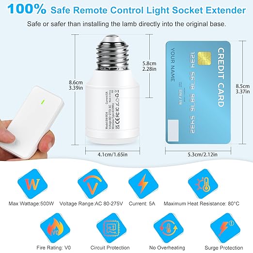 Remote Control E26 E27 Light Bulb Socket Adapter 2 Set,GreenCyle 2PCS Wireless Light Switch and 2Standard Medium Base Lamp Socket Extender 2.3"(5.8cm),Screw-in,Max 500W,No Wiring Needed,500ft Range
