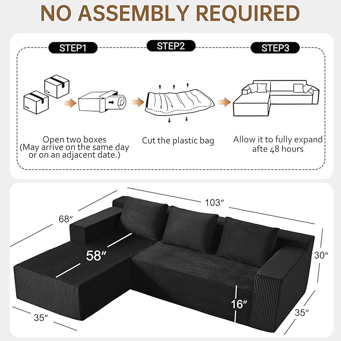 Nigoone 103" Sectional Couch for Living Room, Modular L Shaped Black Couches, Large Minimalist Modern Deep Seat Boneless Sofa, Corduroy, No Assembly | 16" Seat Height