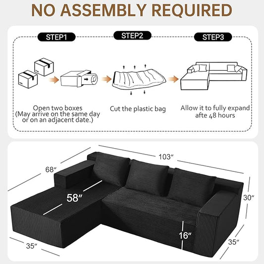 Nigoone 103" Sectional Couch for Living Room, Modular L Shaped Black Couches, Large Minimalist Modern Deep Seat Boneless Sofa, Corduroy, No Assembly | 16" Seat Height