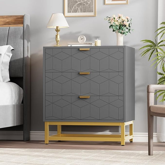 GAOMON 3 Drawer Dresser, Wood Chest Drawers with Storage for Closet, Bedroom, Drawers Dresser Modern Bedside Nightstand with Gold Handles, Grey