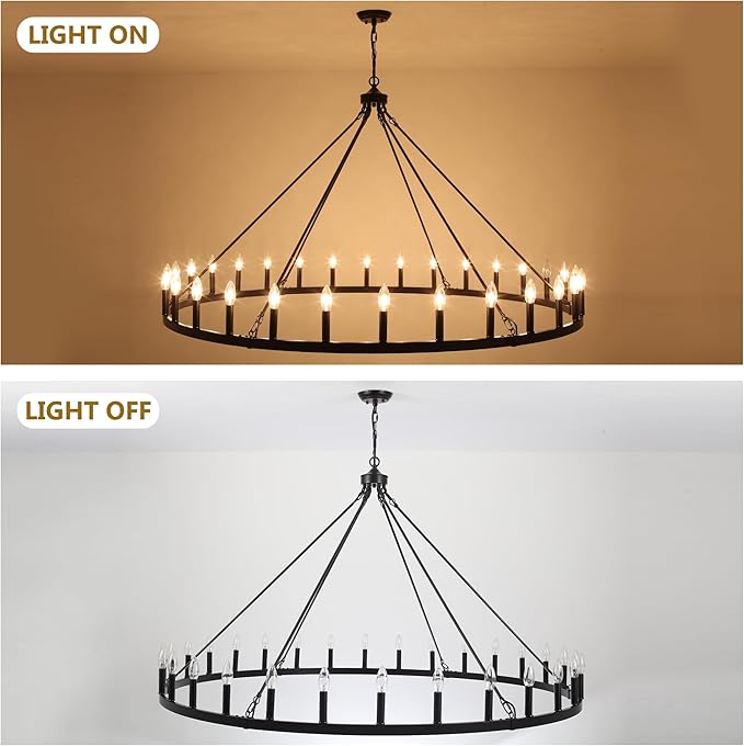Black Extra Large Wagon Wheel Chandelier, 60 inch 30 Lights Farmhouse Chandelier, Industrial Candle Round Pendant Light Fixture for High Ceiling Living Room Dining Room Entryway