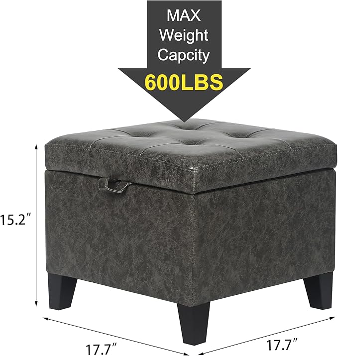 Adeco 15.2" Square Faux Leather Storage Ottoman, Button-Tufted Footrest Stool with Hinged Lid for Living Room & Bedroom Entryway, Upholstered Vanity Seat, Mixed Grey