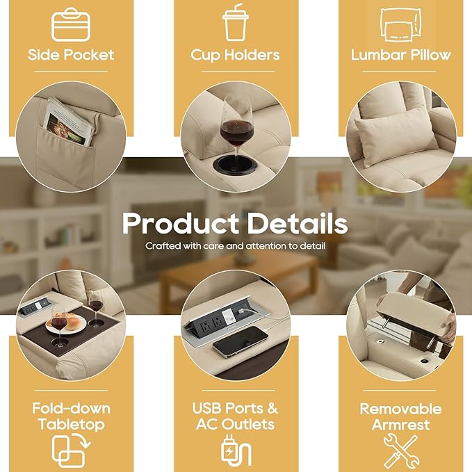IPKIG Power Loveseat Recliner Sofa with Flip-Up Backrest Console, USB & USB-C Ports, AC Outlet, LED Lights, Wall Hugger Recliners for Living Room, RV, Home Theater (Beige, 76.8" - 3 Seat) | Leathaire Fabric, Zero Gravity, Dual Reclining, 2 Lumabr Pillow