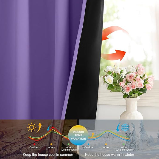 NICETOWN 100% Blackout Curtains for Nursery, Lilac Purple W52 x L84 Set of 2 Light Blocking & Soundproof Drapes,Rod Pocket Black Lined Window Treatment Panels
