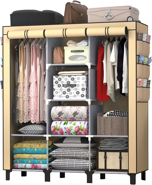 Portable Wardrobe with 10 Storage Racks and 2 Hanging Poles 6 Side Pockets Fleece Cover, Size 130 x 45 x 172 cm, Bedroom Closet Organizer (Beige)