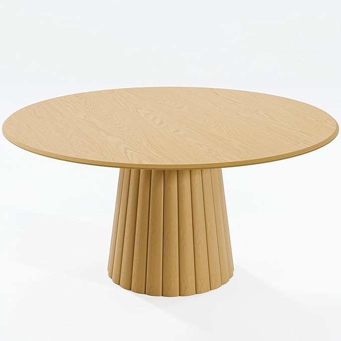 Casaphoria 60" Round Dining Table, Modern Wood Kitchen Table with Cone Shaped Strip Convex Base for Living Room & Dining Room, Easy Assembly Farmhouse Furniture for 4-6, Oak