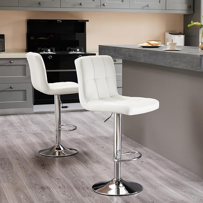 DUMOS Bar Stools Set of 2, 24 inch Counter Height Bar Stools, Upholstered Modern Kitchen Barstools with Metal Base, PU Leather Saddle Stools for Kitchen Island, Snowy White