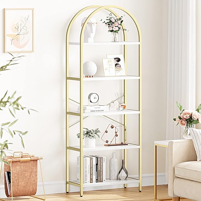 IDEALHOUSE Bookshelf 5 Tier Bookcase Arched Display Racks Tall Standing Bookshelves Metal Frame Modern Storage Rack Shelf Large Wood Book Shelf for Bedroom, Living Room, Home Office