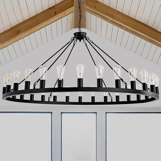 Wagon Wheel Chandelier Farmhouse 53" 30-Light Large Black Farmhouse Round Wheel Chandelier Light fixtures Outdoor Wagon Wheel Chandeliers for Porch high Ceilings Dining Room Living Room