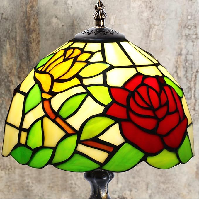 MIAOKE Stained Glass Table Lamp,Stained Glass Crystal Bead Style Table Light,Handmade Desk Bedside Night Light,Antique Art Craft Gifts Lover Living Room Bedroom Bookcase (A Rose)