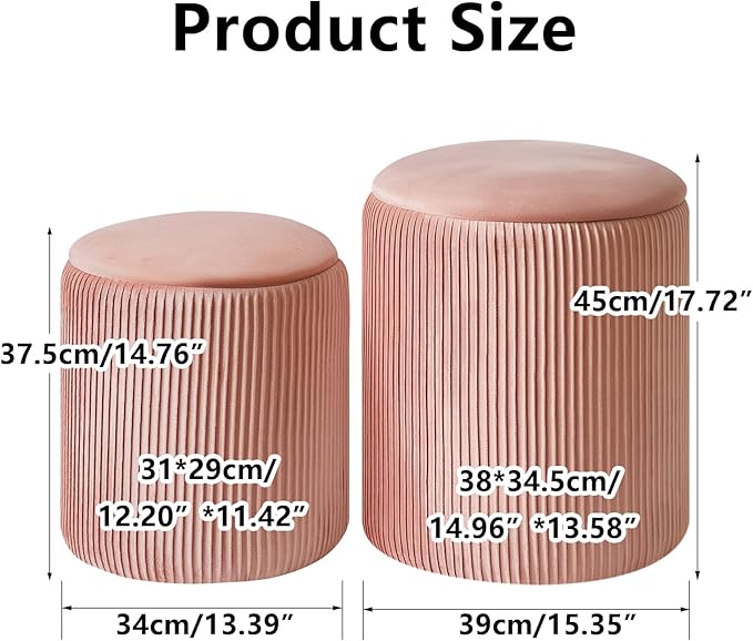 IBUYKE Round Ottoman with Storage Set of 2 Boucle Ottoman End Table for Living Room Vanity Stool Velvet Footrest Stool Bar Stool Pink UWBD005P