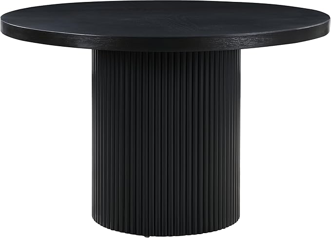 Meridian Furniture 728Black-T Belinda Collection Mid-Century Modern Dining Table, Solid Wood Base, Black Finish Oak Wood Veneer MDF Top, Round Top, Fluted Base, 48" W x 48" D x 31" H, Black