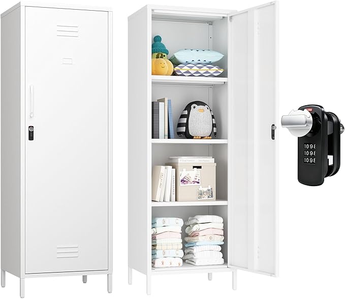 Metal Storage Cabinet, Steel File Locker with 3 Shelves 59.06-inch high for School, Living Room, Bedroom, Office (White, H59.06'')