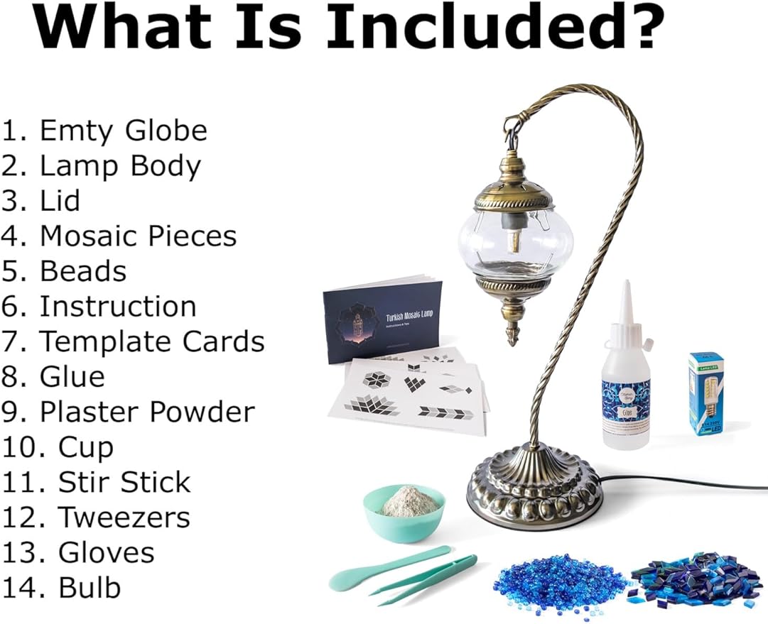 KRAFTSTORIES DIY Turkish Mosaic Lamp Craft Kit| Large Swan Neck Making Kit for Adults| Family Couple Relaxing Creative Activity Gift| Moroccan Table Lamp| Make Your Own Lamp (Blue)