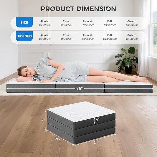 MASVIS Trifold Mattress, 3 Inch Memory Foam Foldable Mattress with Washable Cover, Tri-Folding Floor Bed for Camping, Single