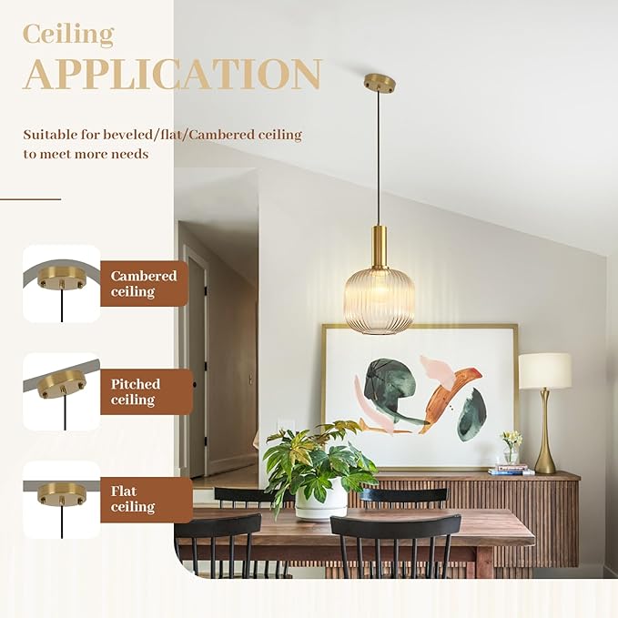 Amber Glass Pendant Light, Mid Century Modern Pendant Lights Kitchen Island, Vintage Gold 1-Light Ceiling Hanging Light Fixtures for Dining Room Bedroom Hallway Bar