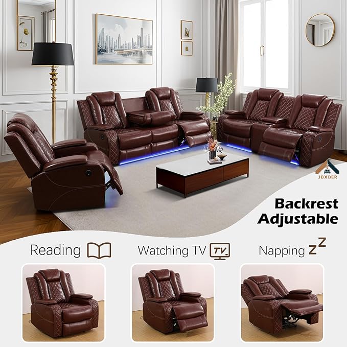 Power Recliner Sofa Set for Living Room, Leather Reclining Sofa Sets with Storage Console, Living Room Furniture Sets with LED Lights(Sofa,Wine)