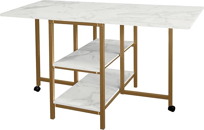 AT-VALY Folding Dining Table with 2 Storage Open Shelf,Drop Leaf Extension Dining Table,Top Folding 15.7" to 55.1" Kitchen Table (Gold)