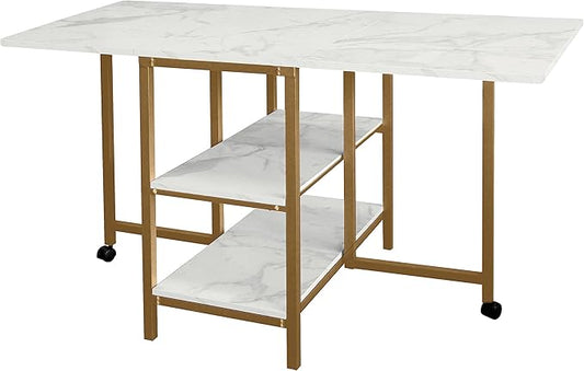 AT-VALY Folding Dining Table with 2 Storage Open Shelf,Drop Leaf Extension Dining Table,Top Folding 15.7" to 55.1" Kitchen Table (Gold)