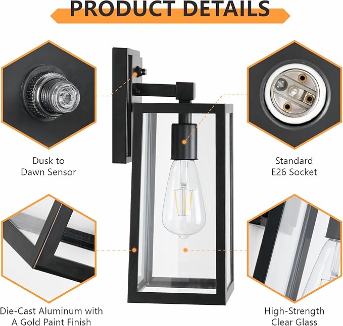 2-Pack Dusk to Dawn Outdoor Light Fixtures, Exterior Wall Lantern with Aluminum Body, E26 Base Scoket, Oil-Rubbed Bronze Wall Lighting, Modern Wall Sconce for Patio Front Porch Garage.