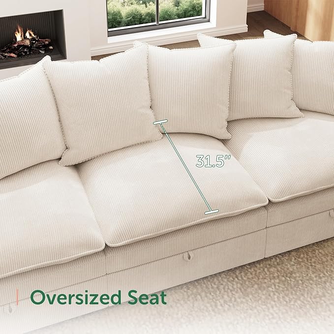 HONBAY Modular Sectional Sofa, 137 Inch U Shaped Corduroy Couch with Storage, Convertible Sectional Sofa with Deep Seat, Beige
